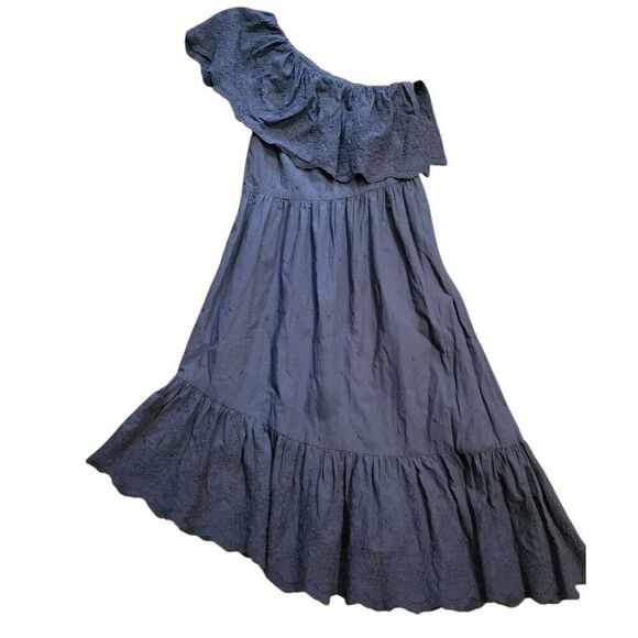 Piper Dress Women's Small Black One Shoulder Eyelet Ruffle Midi Summer - Picture 2 of 5